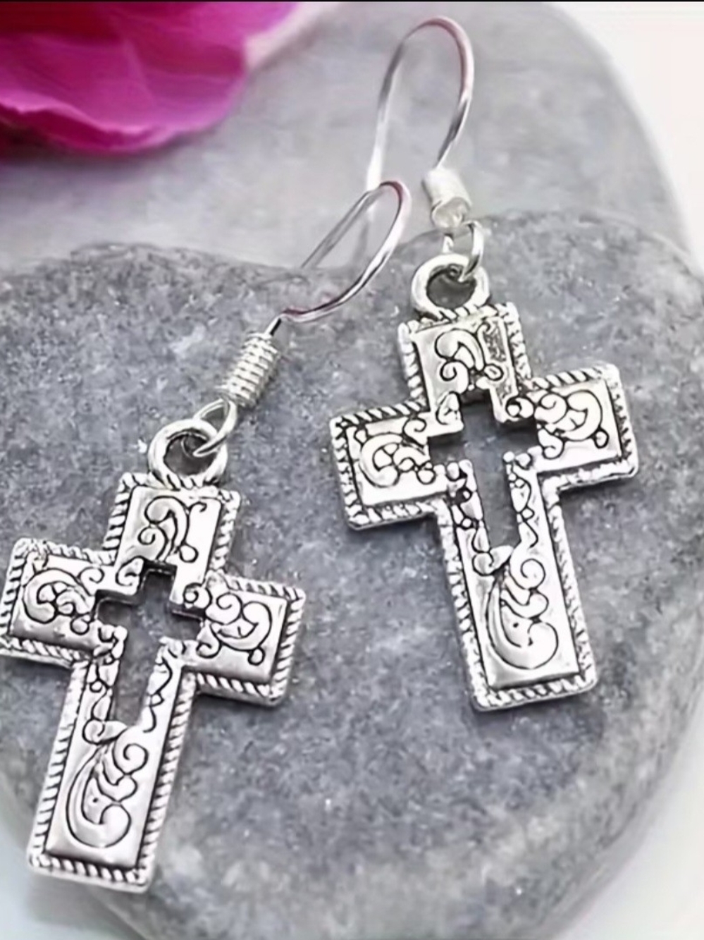 Silver Ornate Cross Dangle Earrings - Women Jewelry .925 Sterling Silver